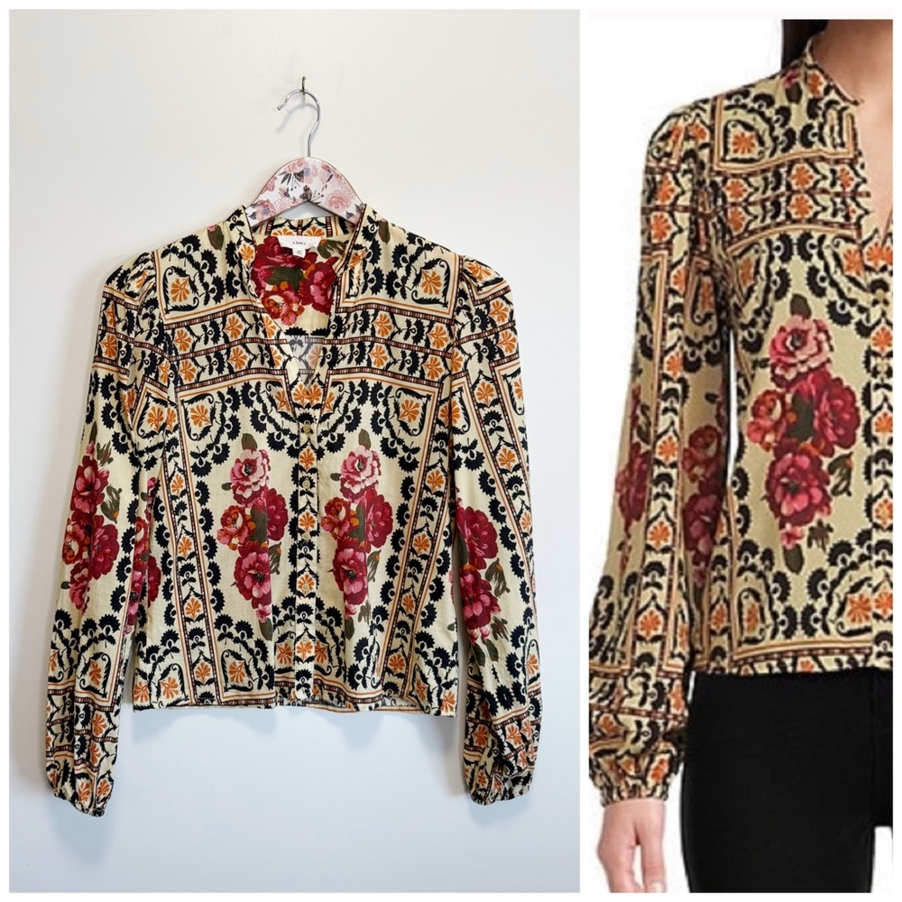 A LOVES A Floral Puff Sleeve V-Neck Button Up Blouse Top Cream Black XS